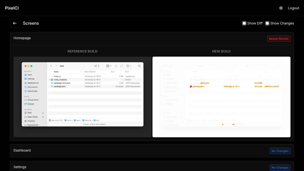 Screen list with diff mode