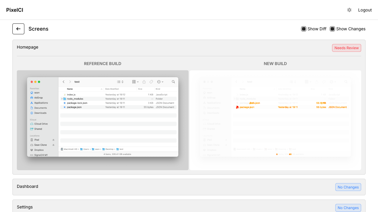 Screen list with diff mode